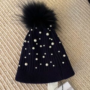 Navy with pearls Pom-pom hat